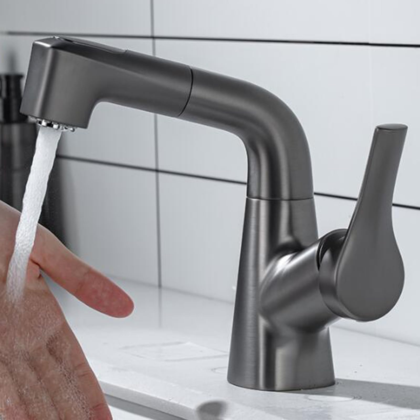 Grifo para Lavabo de baño con rociador extraíble, elevable, telescópico, Monomando, para Agua fría y Caliente, de latón, extraíble, Color Gris