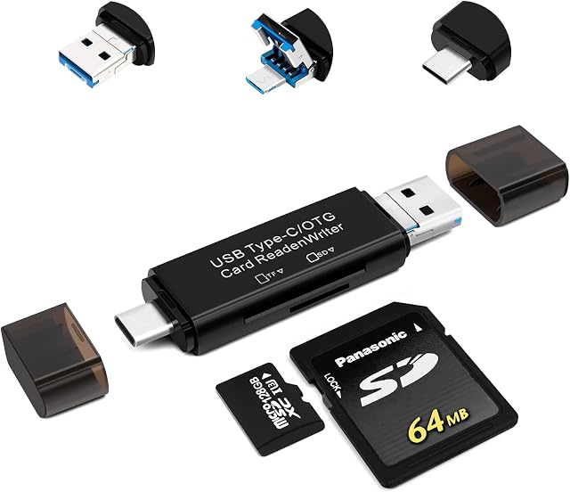 SD Card Reader, AIYEEN 5-in-1 Micro/USB C/USB 2.0 Portable Dual Slot OTG Adapter Memory SD Card Reader for TF SDXC Micro SD Micro SDHC Card Compatible with Laptop, Galaxy S21(Black)