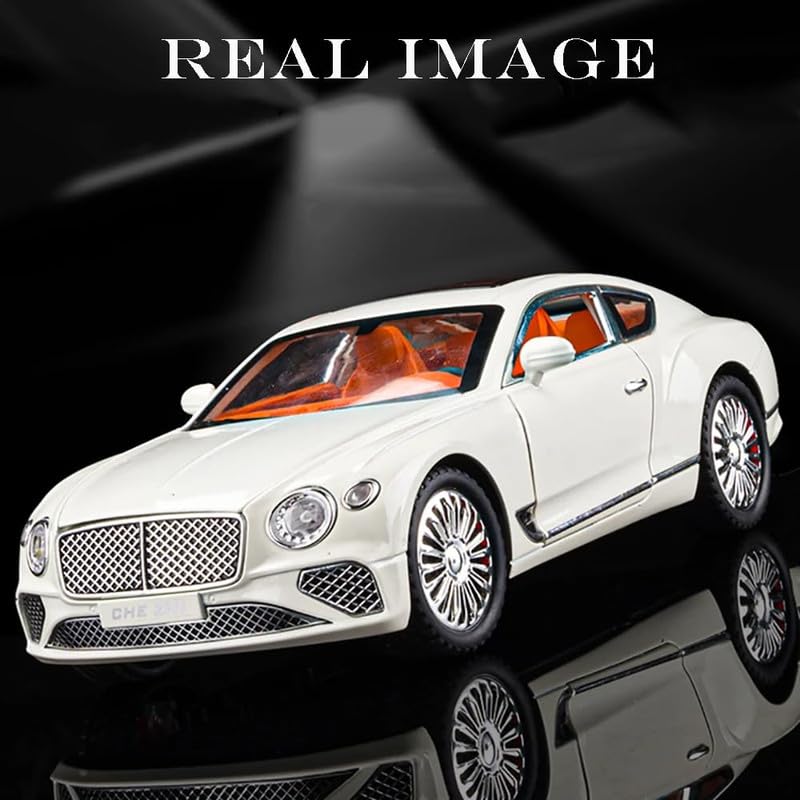 Image of Kids Model 1:24 Bentle Continental Die Cast Metal Car Pull Back Action Opening Doors with Realistic Engine Sound Lights Toy Car Gift for Boys - White