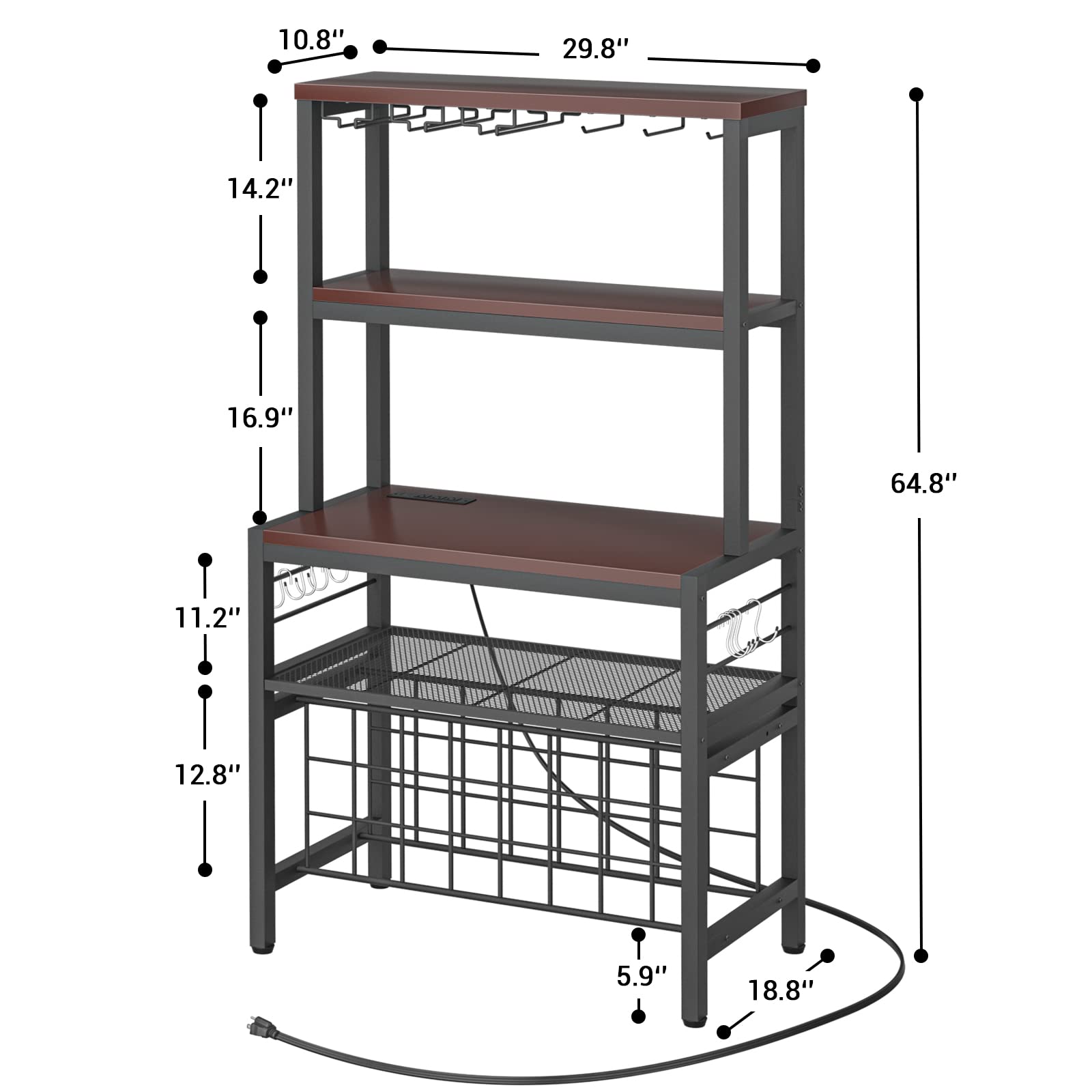 Unikito Bar Cabinet for Liquor and Glasses with Power Outlet, Freestanding Wine Rack, Liquor Bar Cabinet with Wine Bottle Shelves, Kitchen Baker's Rack with Storage and Hook for Dining Room, Espresso