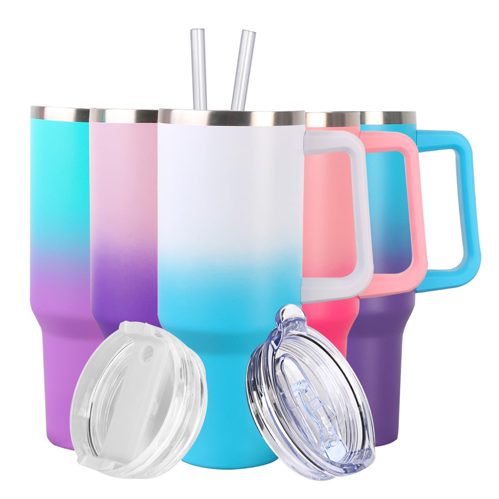 SYACOT 40 oz Tumbler with Handle and Straw Stainless Steel Insulated Tumbler Leak Proof Lid and Straw Lid Reusable Travel Mug Coffee Mug Cup Dishwasher Safe Keep Drinks Cold and Hot (White Blue)