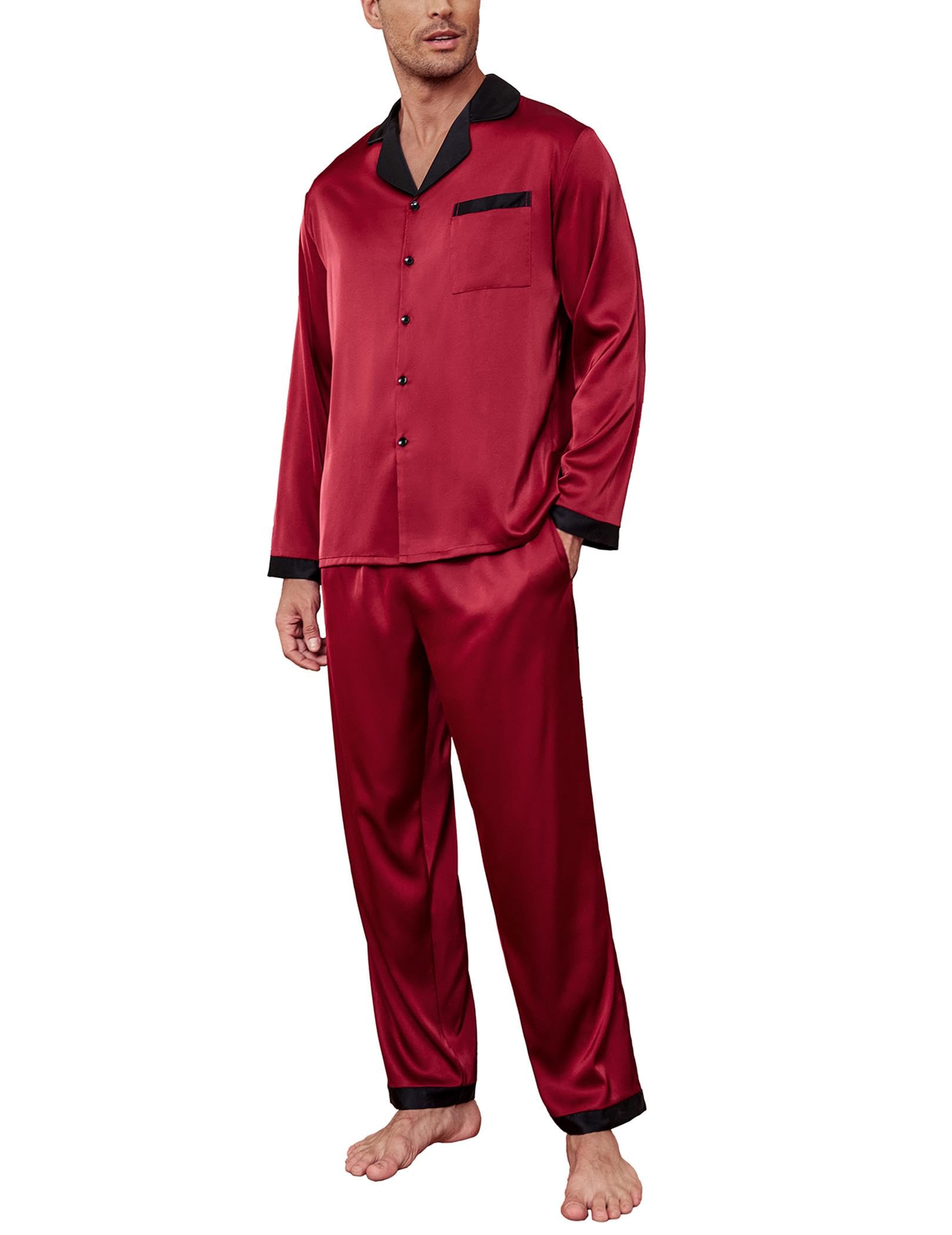 Photo 1 of Ekouaer Men's Silk Pajama Set Long Satin Loungewear 2 Piece Pjs Classic Button Down Sleepwear Red Black