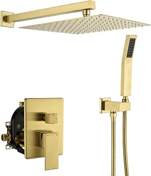 WELLFOR Wall Mounted Shower Faucet Set, Bathroom Showers Faucets, Shower System With 10" Square Rain Shower Head and Handheld, 2.5 GPM, Rough in Valve, Hot Cold Water, Single Handles Brushed Gold