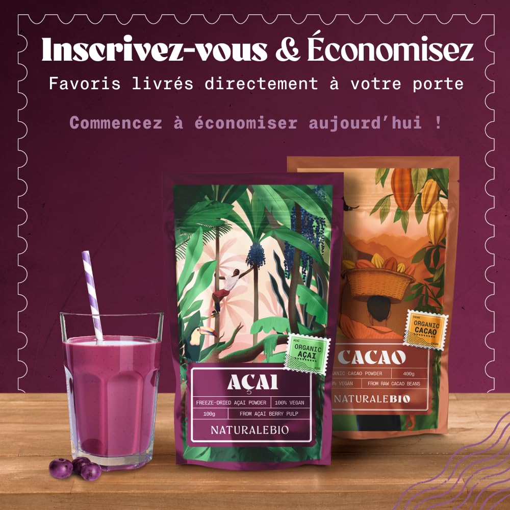 NaturaleBio Poudre de Baies d’Acai Bio - Freeze-Dried - 200g. Pure Organic Acai Berry Powder. Produit au Brésil, Lyophilisé, Cru, extrait de la pulpe de Baie d'Açai – Smoothies, Jus, Desserts