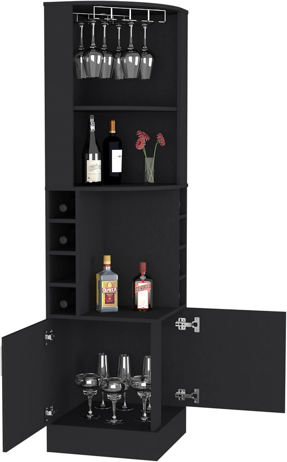 Corner Bar Cabinet Atanasio, 8 Wine Cubbies, Double Door - Black