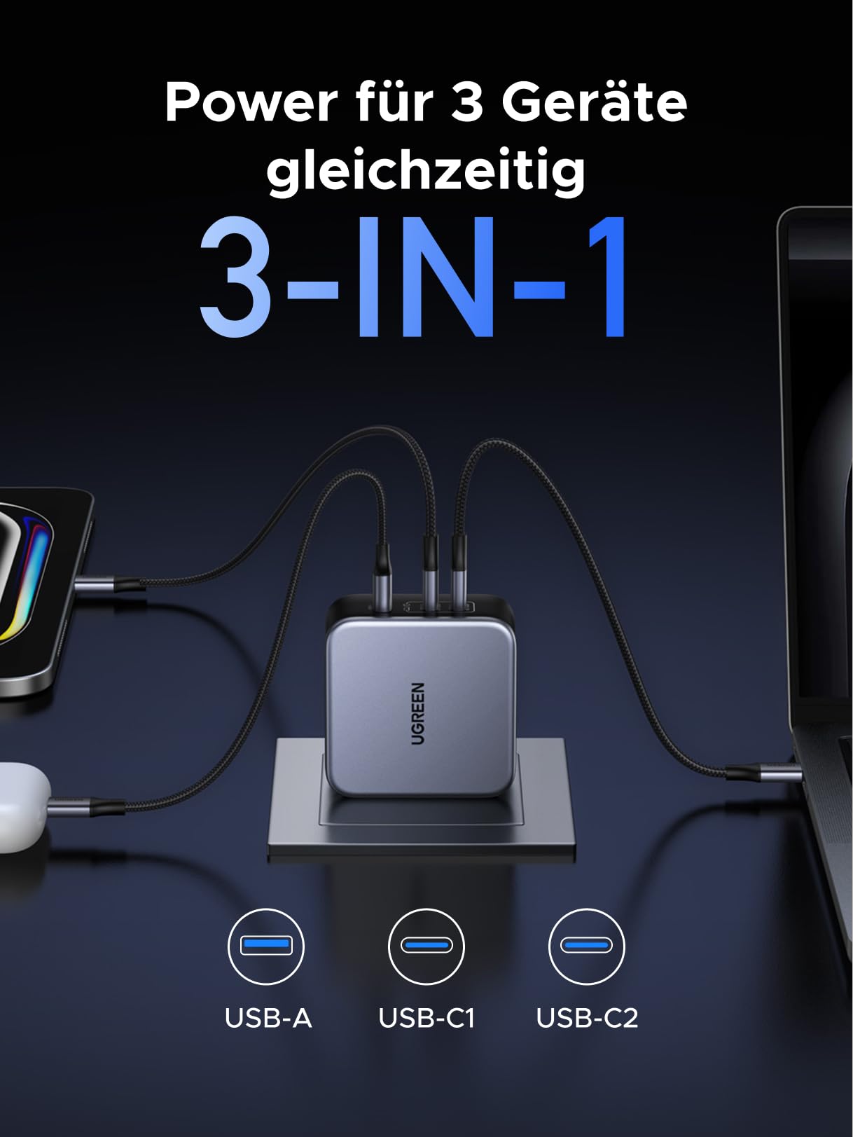 UGREEN Nexode 140W USB C Ladegerät PD 3.1 USB C Netzteil GaN 3-Port Power Adapter kompatibel mit MacBook Pro 16" 2021, Dell XPS, iPhone 14 Pro Max/Pro/14, Galaxy S23 Ultra/S23+/S23/S22 Ultra usw