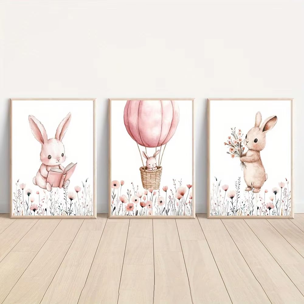 awtrhfc Wall Art Kindergarten Wildflower Rabbit Wall Art Decor Rabbits Balloons and Blush Pink Floral Birthday for Living Room(30x40cm(12x16in) x3/No frame)