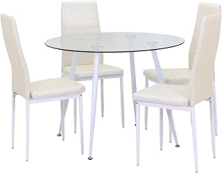 Conjunto de Mesa Corin con 4 Sillas Romantic Ø100x75 cm, Estructura Metálica Blanca y Tapa de Vidrio Templado
