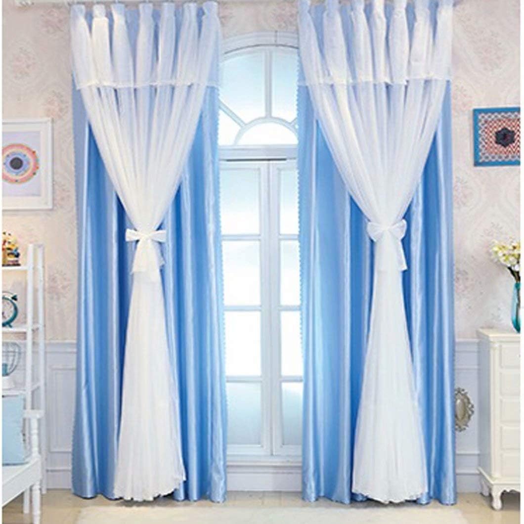 姫系 カーテン 遮像 二重 レース 可愛い 3カラー 目隠し ブルー リボン