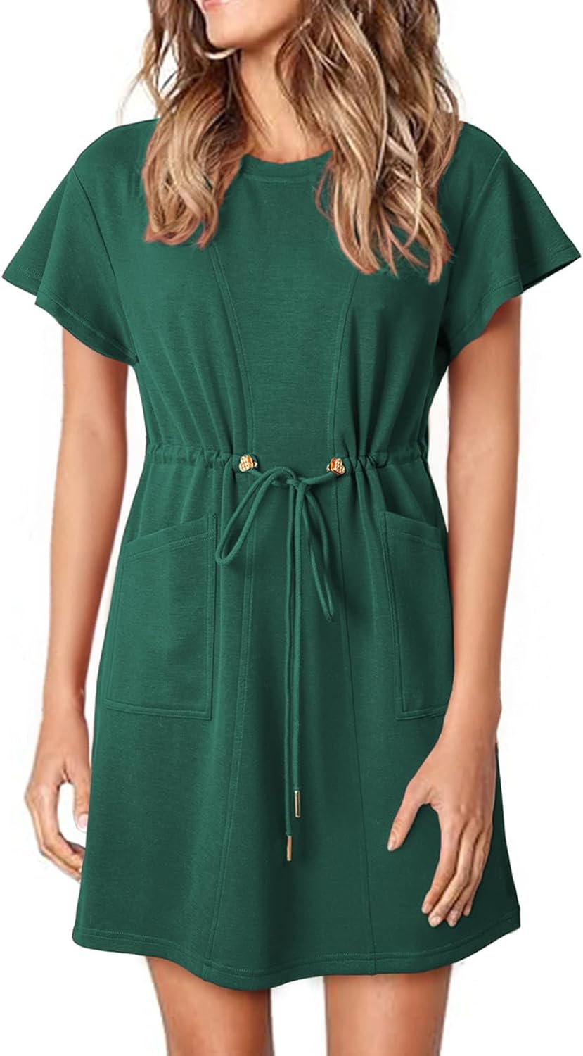 EVALESS Womens Spring Summer Dresses 2026 Casual Round Neck Ruffle Short Sleeve Flowy A Line Mini Dress with Pockets