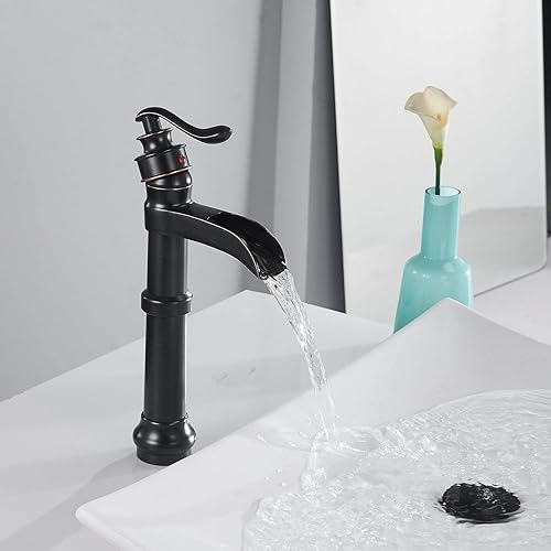 Miniatura 5 de Grifo de fregadero de bronce aceitado para lavabo, grifo de un solo orificio, grifo de cascada de baño, estilo granja, mango único, 1 agujero,