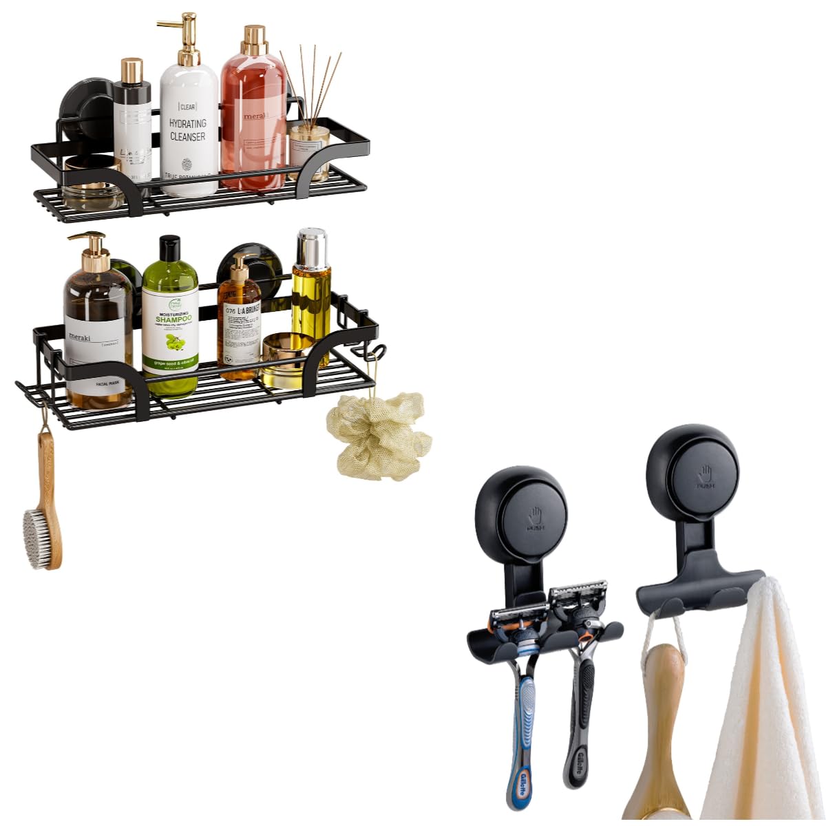 LEVERLOC Shower Caddy Suction Cup Razor Holder 2 Pack Shower Shelves for Inside Shower Black Metal Shower Stroage