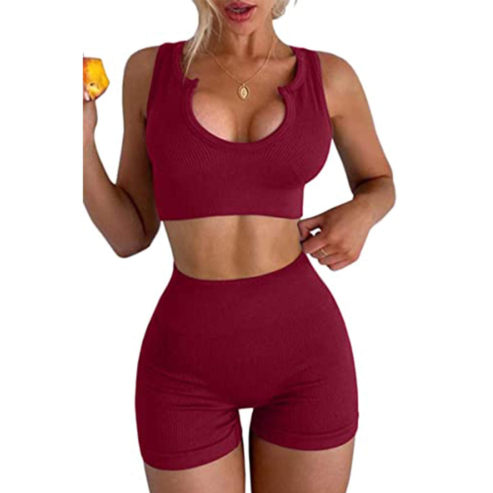 ACOSAP Women 2 Piece Workout Sets Seamless Ribbed Crop Tank High Waist Shorts Yoga Leggings Outfits