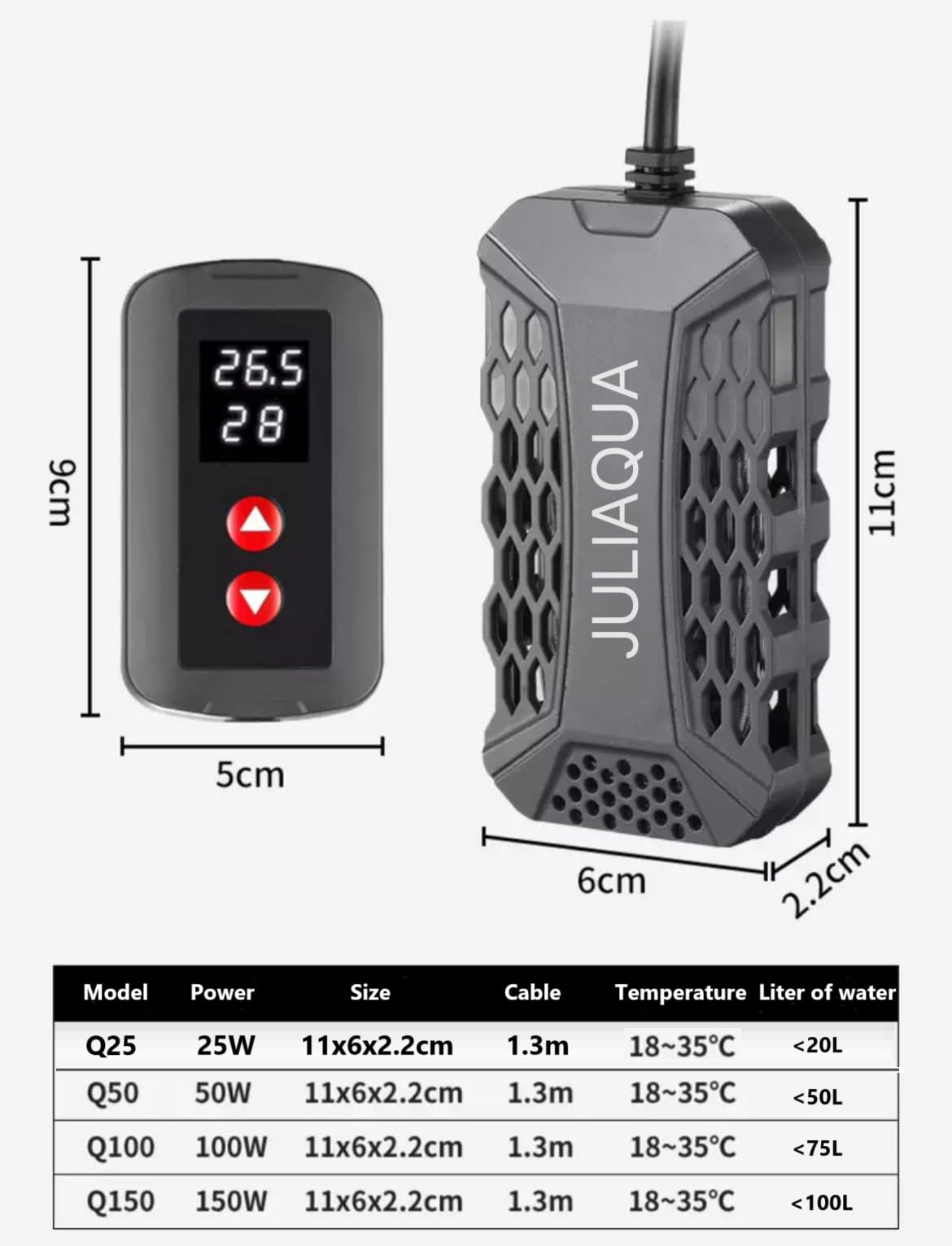 Chauffage Aquarium avec Affichage Température Eco Réchauffeur réglable 25W/50W/100W/150W (Q-150W)