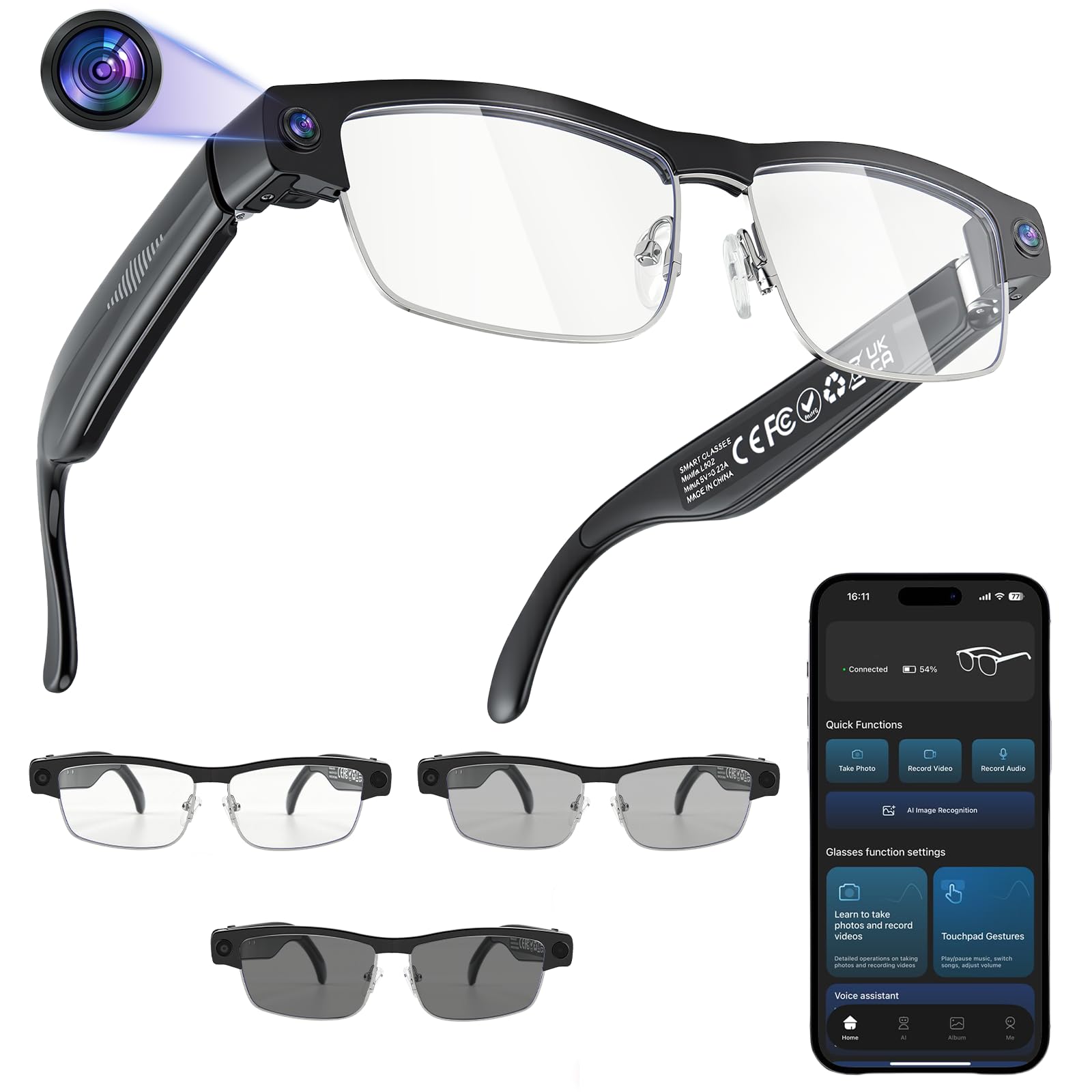 AI Smart Glasses, Occhiali Videocamera con Fotocamera da 8 MP e Video 1200P, con Registrazione Video, Riproduzione Musicale, Traduzione Simultanea/Identificazione Oggetto GPT per Viaggi, Riunioni