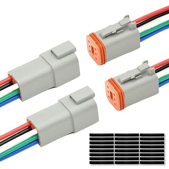 2 Set 6 Pin DT Deustch Waterproof Automotive Electrical Butt Connector with 16AWG -40C-105C 600V Wires and Heat Shrink Tubes Connectors Kit for Car Truck Boat E 6Pin Wiring 2Pair