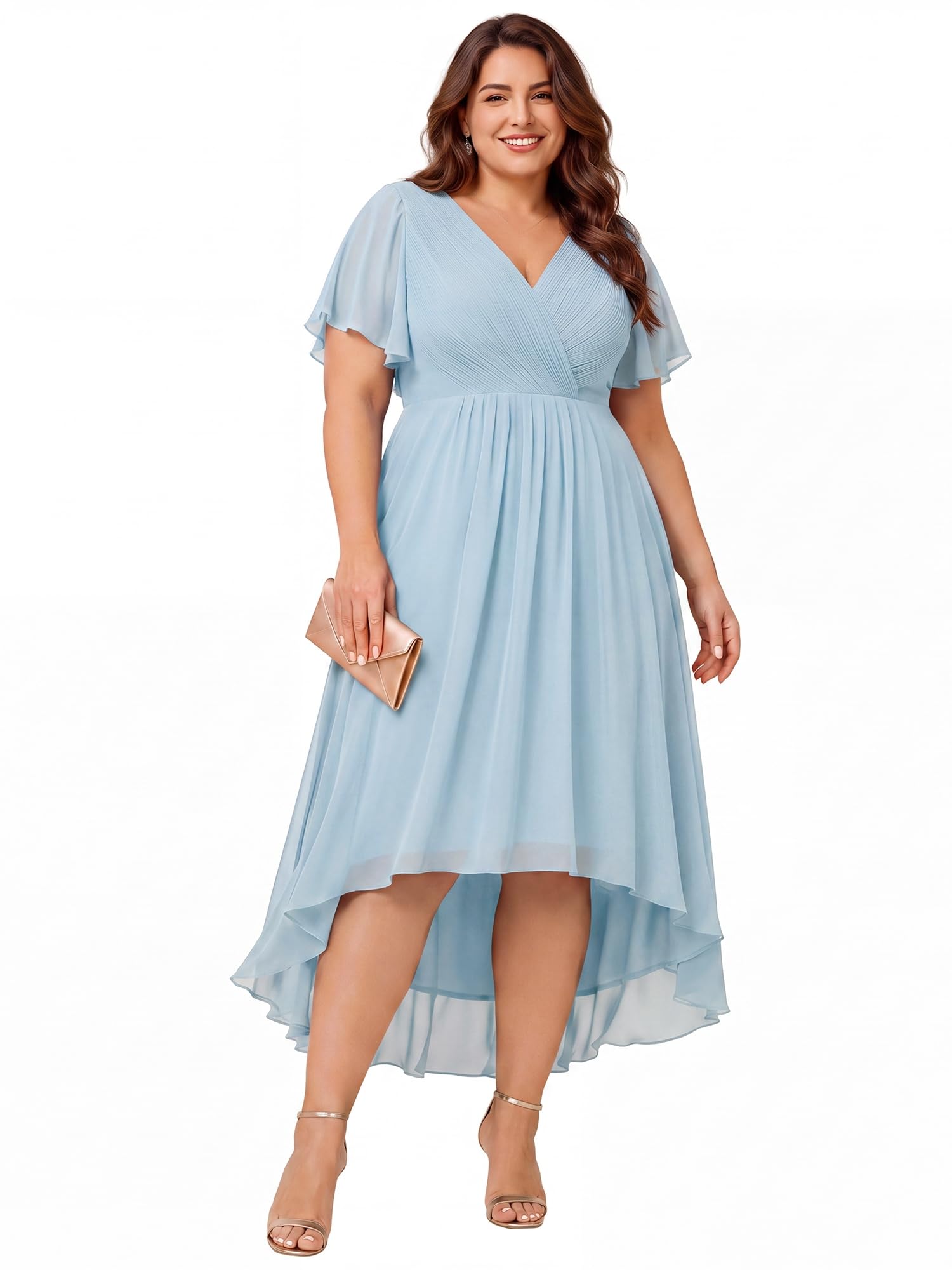 Ever-Pretty Donna Una Linea Increspato Scollo A V Maniche Corte Al Ginocchio Plus Size Wedding Guest Dress 01923-DA, Cielo blu, 50