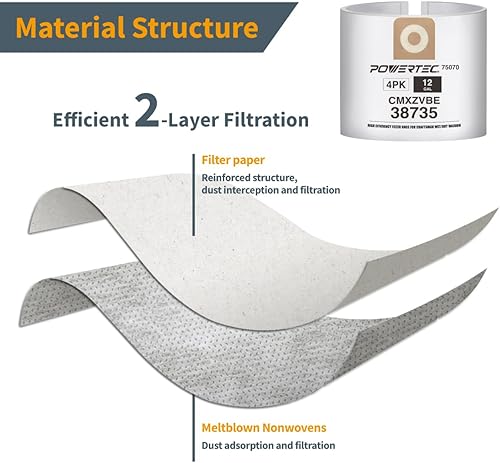 Miniatura 3 de POWERTEC 75070-P2 - Paquete de 4, para aspiradora Craftsman de 12 galones, repuesto para bolsas de recolección de polvo CMXZVBE38735 para aspiradora