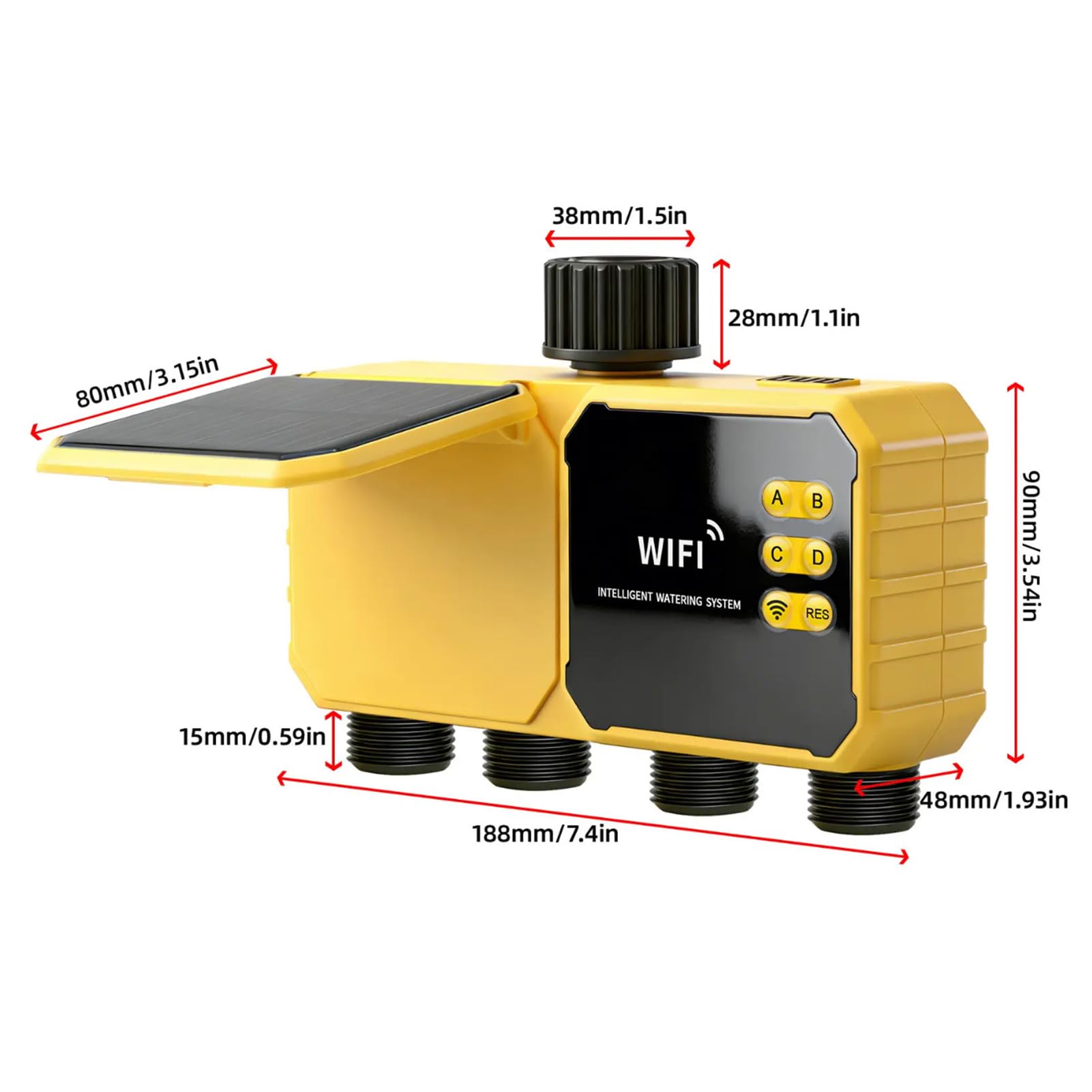 Hyuduo Sprinkler-Timer, 4-Zonen-Solar-WiFi-Wassertimer mit APP-Fernbedienung, Regenerkennungsfunktion, 90° Verstellbares Bedienfeld für die Rasen- und Gartenbewässerung (Zollgewinde 3/4")