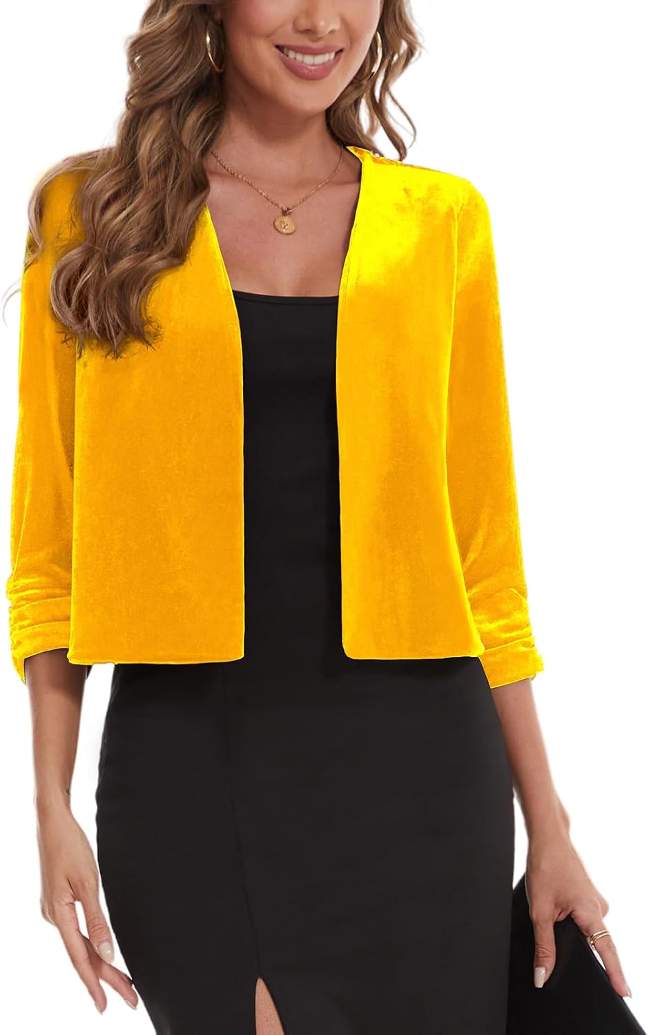 MINTLIMIT Women's Velvet Shrug Cropped Cardigan Ruched 3/4 Sleeve Open Front Cocktail Party Bolero Shrug Top for Dress - Image 3