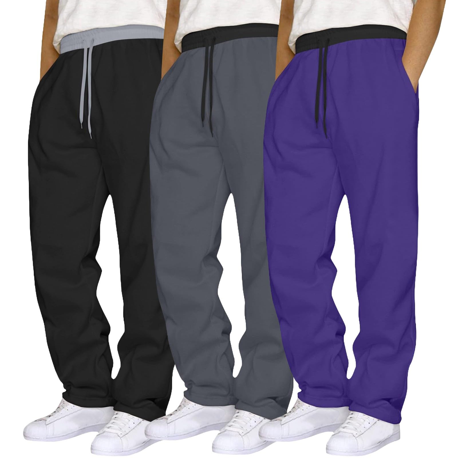 Pantalones de chándal para hombre, 3 piezas, cintura elástica, pantalones de chándal de color de contraste, rectos, relajados, fáciles de cuidar, resistentes al viento, duraderos, pantalones