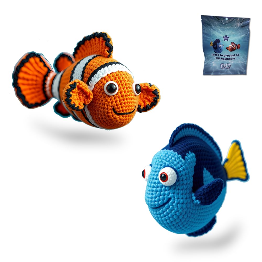 RICHESSE INFINIE Crochet Kit for Beginners & Adults – Includes Yarn, Hooks, Instructions & Video Tutorials – Make Clownfish & Surgeonfish – Gift Set for Kids, Teens & Craft Lovers