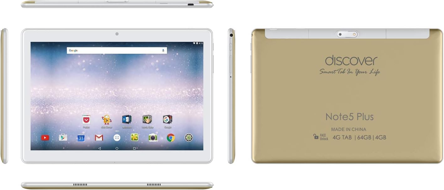 Discover Note 5 Plus, Tablet 10.1 Inch, Android 7.0, 64GB, 4GB DDR3, 4G, Wi-Fi, Quad Core, Dual Sim, Dual Camera, (Gold)