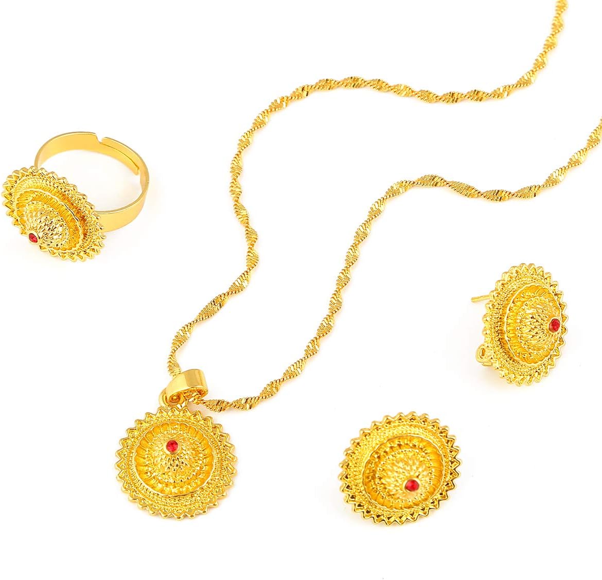 Flower Jewelry Set Ethiopian Gold Jewelry Sets Earrings Pendant Ring with Stone African Habesha Nigeria Jewelry