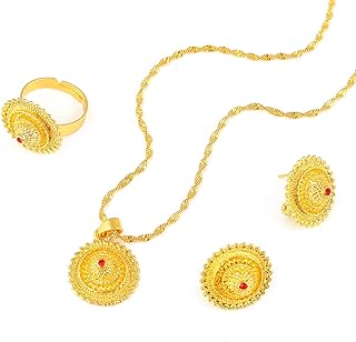 Flower Jewelry Set Ethiopian Gold Jewelry Sets Earrings Pendant Ring with Stone African Habesha Nigeria Jewelry