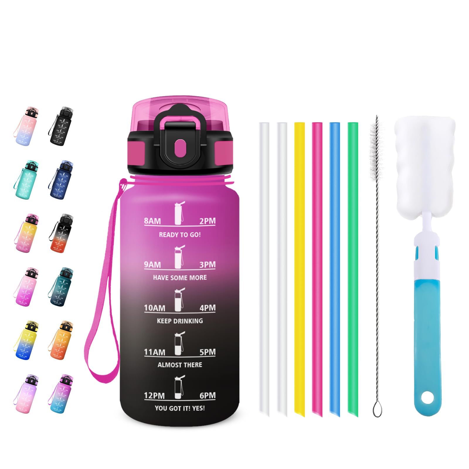 Wasserflasche 500ml, Trinkflasche mit Strohhalm, Auslaufsicher & Zeitmarkierung, Motivierende Sportflasche für Wandern, Fahrrad