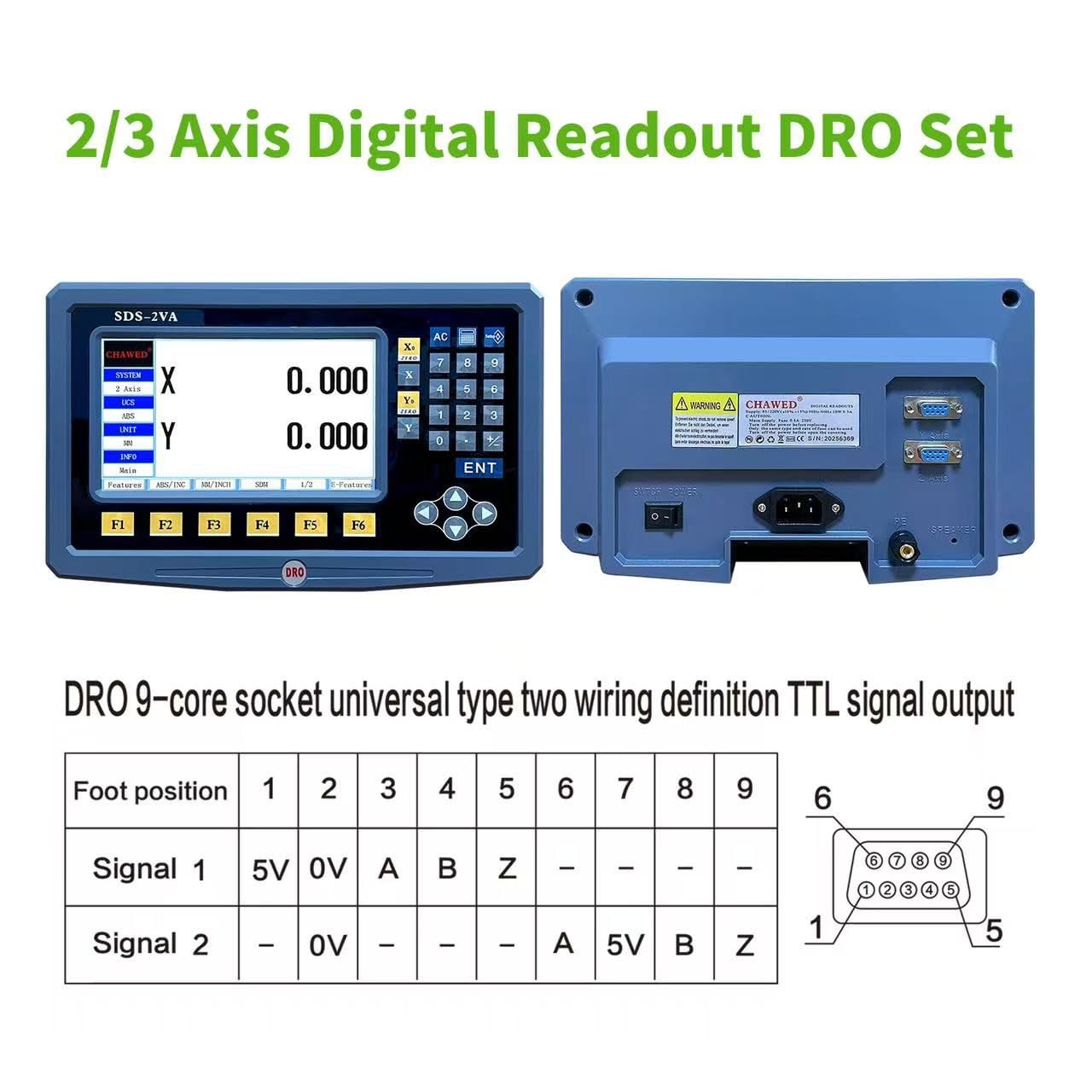 DRO Digital Readout 2 Axis Screen DRO Readout Display Linear Scale for Bridgeport/Knee Mill Milling Machine Lathe Machine Tools (SDS-2VA-LCD)