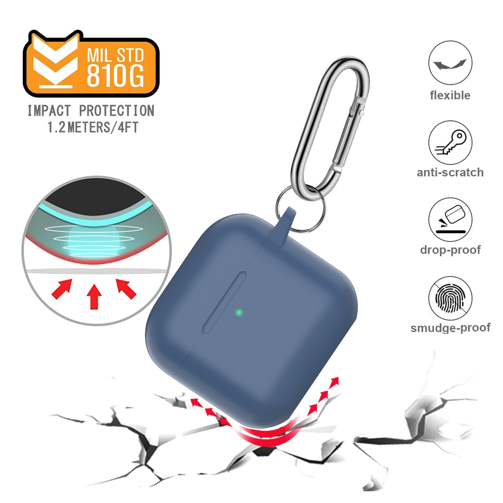 Custodia per AirPods 4 2024, Case Protettiva in Silicone per AirPods 4th 2024 Cover in Silicone Visibile a LED Frontale con Moschettone, Navy Blu