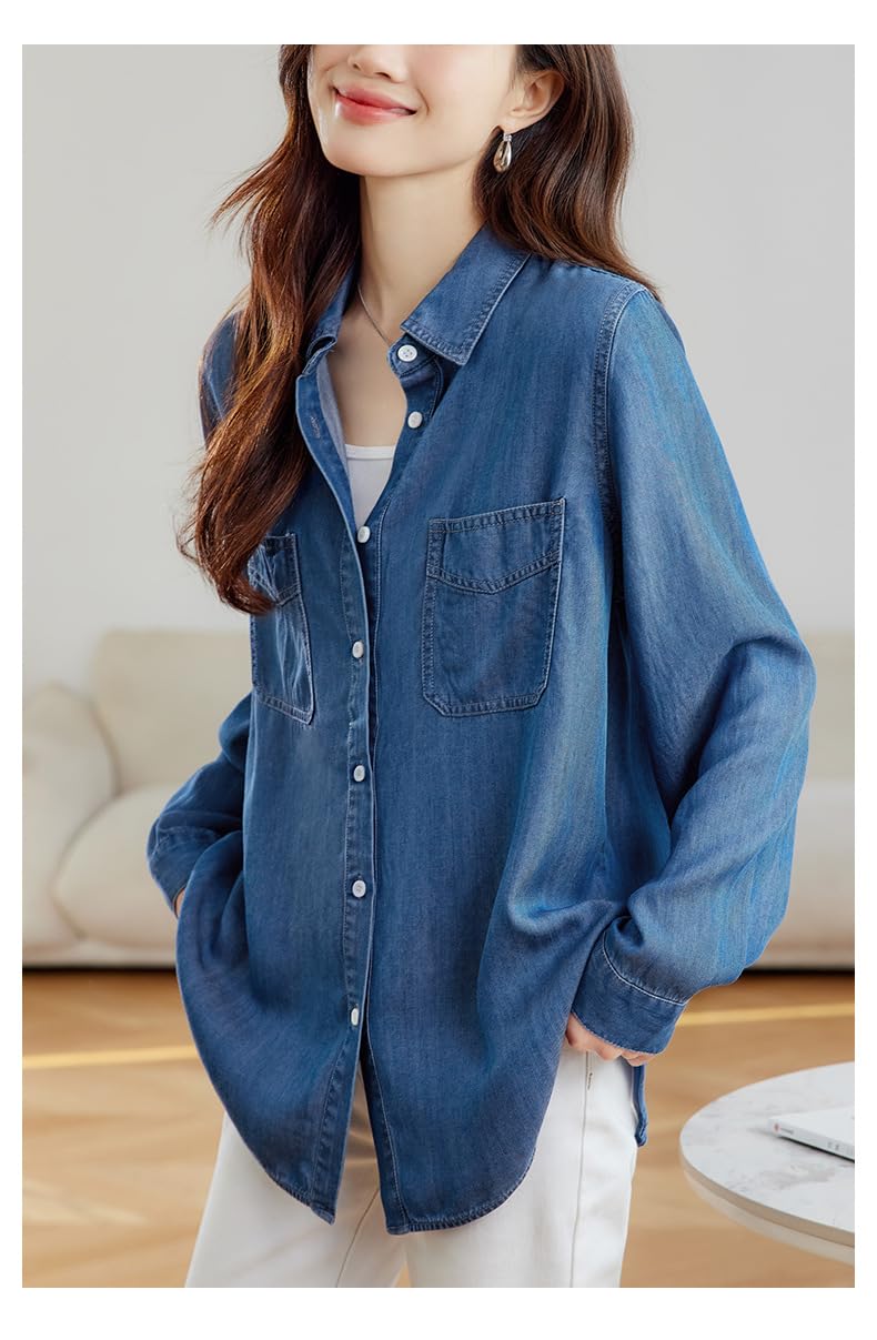 Camicia da Donna in Morbido Denim Tencel, vestibilità Ampia, Maniche Lunghe, Abbottonatura Frontale, Camicetta in Chambray, Leggera E Casual, con Tasche sul Petto, Ideale per Lavoro, Uffi