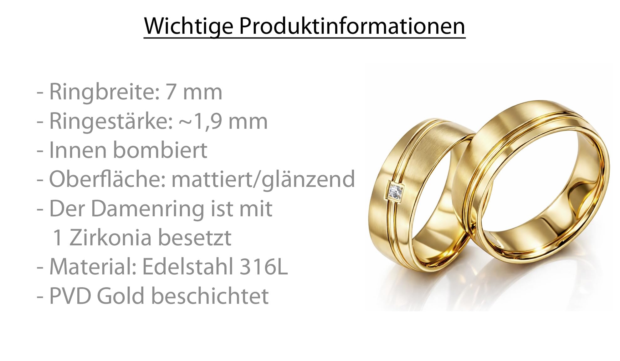 Blue Moon Diamonds Paar Partnerringe & Eheringe aus Edelstahl mit PVD Gold – Ringpaar 6 mm mit Zirkonia & Wunschgravur - Trauringe Freundschaftsringe im Etui | 1880