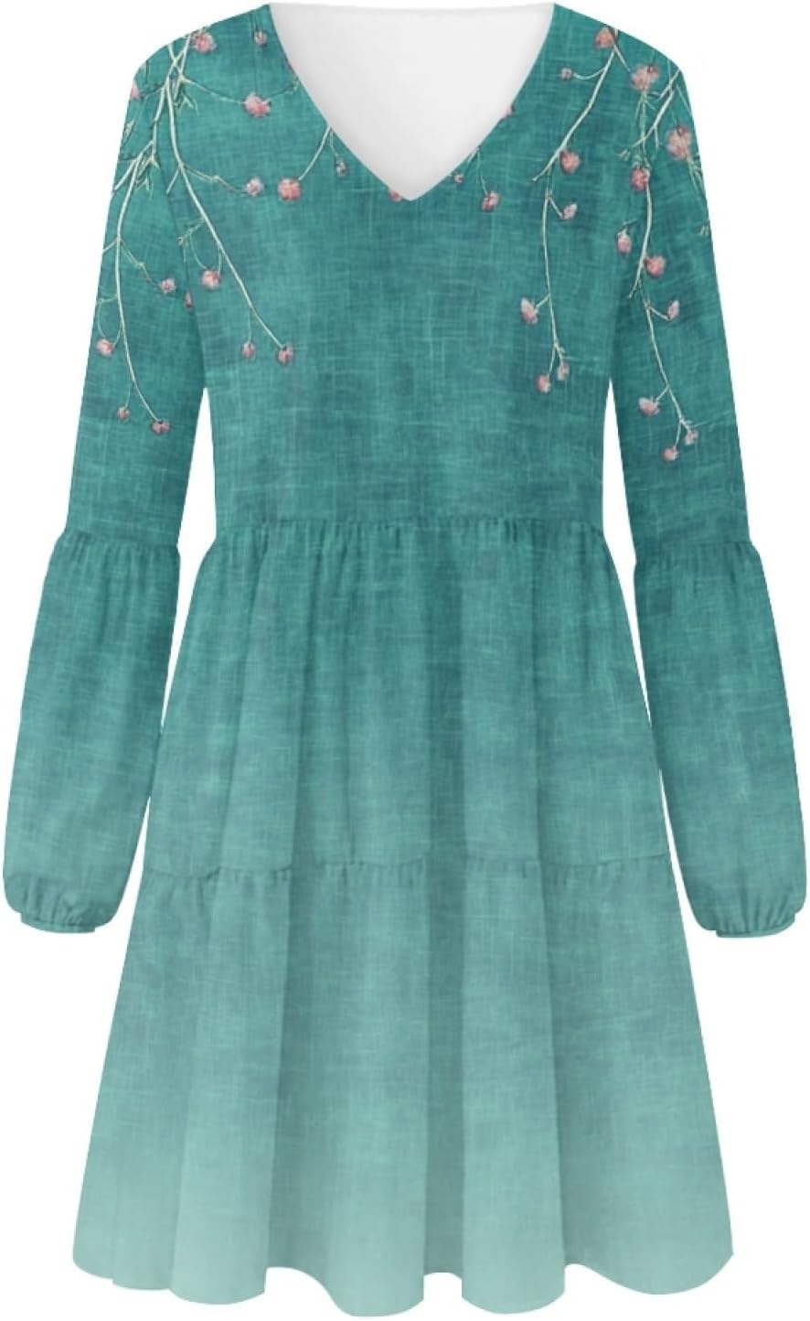 Floral Dress for Women Lantern Sleeve V Neck Plus Size Smocked Swing Flowy Ruffle Fashion Casual Holiday Midi Dress - Image 4