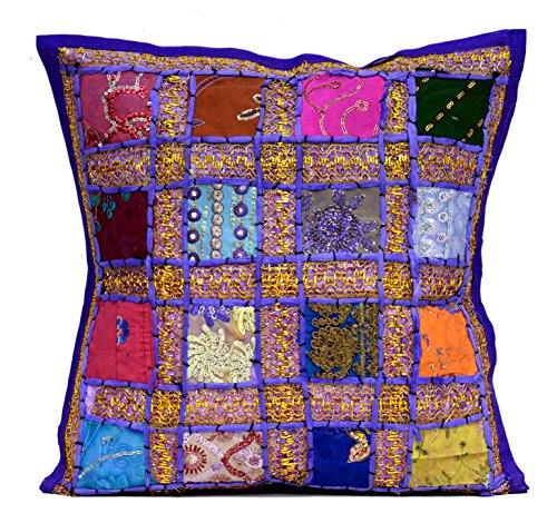 An Ethnic Embroidery Sequin Patchwork Throw Pillow Cushion Cover (Purple ) by Amazingindiaonline Cover