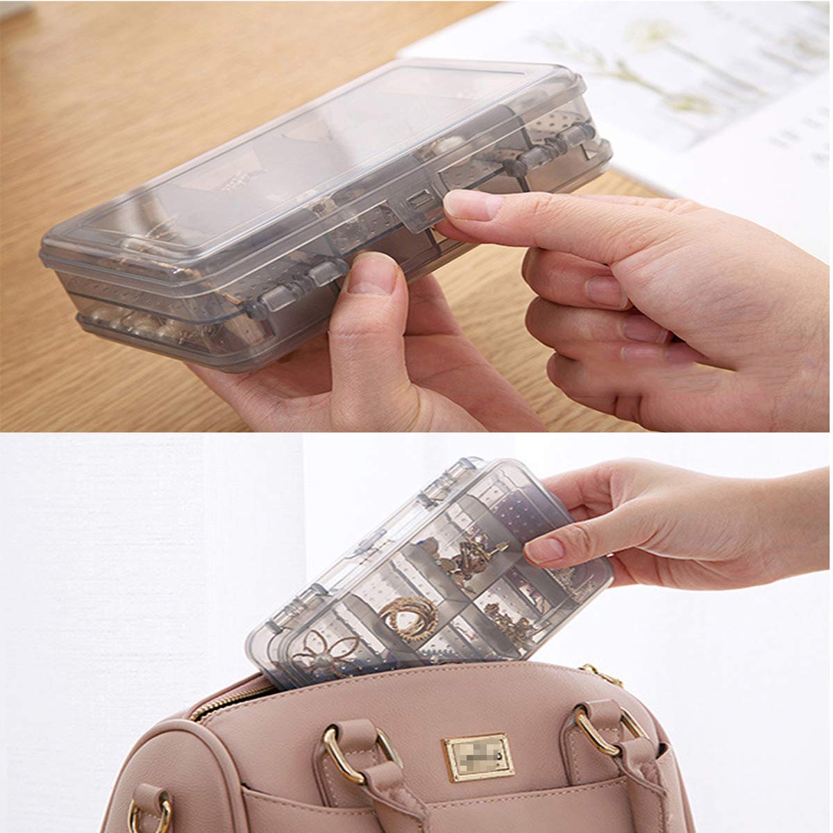 2Pcs Grey Double Layer Plastic Jewelry Box Organizer Storage Container for Earrings, Necklaces, Rings, Bead, Fishing Tackle, Jewelry, Pins, Hair Clips, Screws, Small Items Craft Box Case (10 Grid) 2