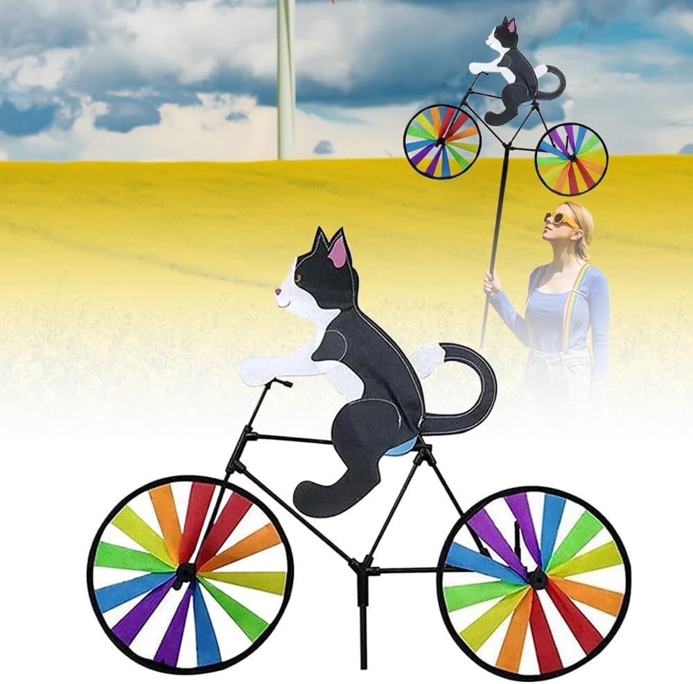 Girandola a vento 3D colorata a forma di gatto, a forma di bicicletta, 2024, aggiornata per gatti, cani, decorazione artistica, divertente girandola a vento per esterni, prato, cortile, per animali