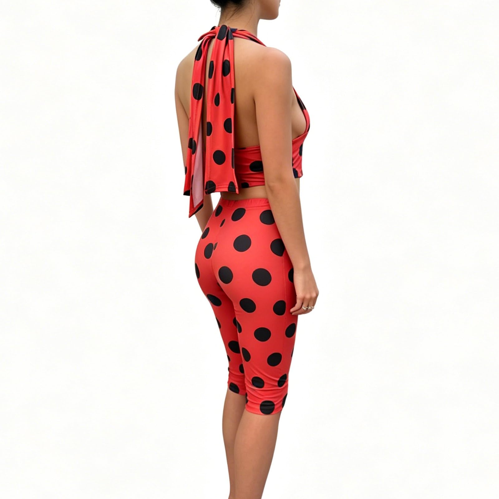 Sexy outfit Damskie legginsy capri w kropki, wiązane na szyi, 2-częściowy zestaw strojów biedronki
