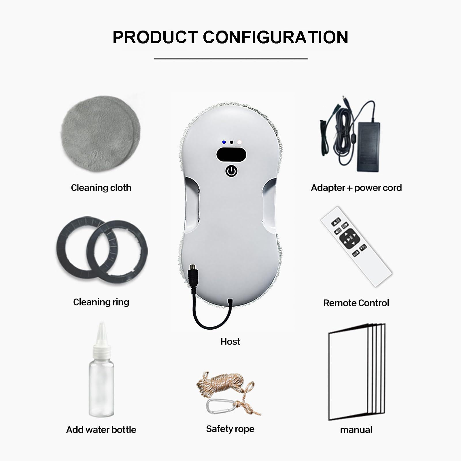 Robot Limpiacristales De 80 W, Pulverizador De Agua Doble Automático Y Potente Succión De 2800 Pa, 3 Modos De Limpieza, Con Control Remoto Y Cuerda De Seguridad.,White