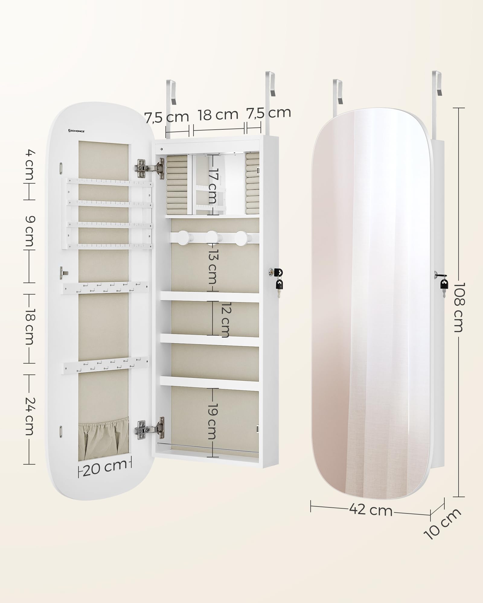 SONGMICS Armoire à Bijoux, Miroir Mural avec LED et Serrure, Miroir Psyché avec Plusieurs Compartiments, pour Boucles d’Oreilles, Colliers, Surface Blanche et Doublure Grise Beige JJC026W01