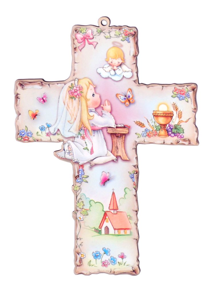 MaMeMi TAUFKREUZ FÜR MÄDCHEN – Kinder-Wandkreuz aus Holz mit BETENDEM MÄDEL & SCHUTZENGEL – ca. 15 x 10,5 cm – Mit Gebetsbüchlein – CHRISTLICHES GESCHENK ZUR TAUFE Italien
