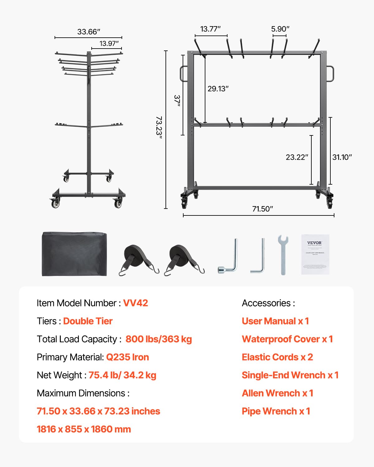 VEVOR Estante para Sillas Plegable Capacidad de 363 kg, Carrito Resistente para 84 Sillas/12 Mesas y 42 Sillas, Carrito de Almacenamiento de Sillas de 2 Capas con Ruedas de Goma y Soportes, Negro Mate