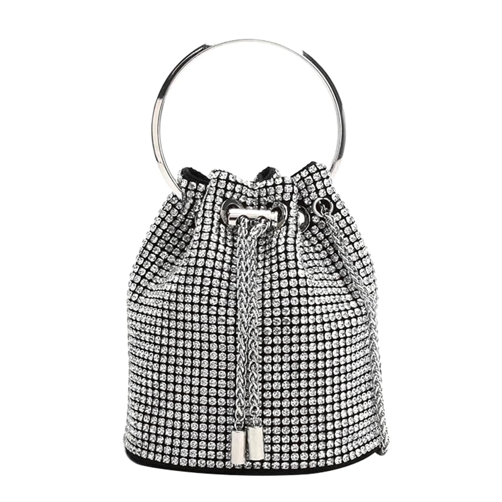 Ladies Full Diamonds Bucket Handbag Rhinestone Evening Bag Bling Clutch Purse for Women Party Prom Cocktail Wedding