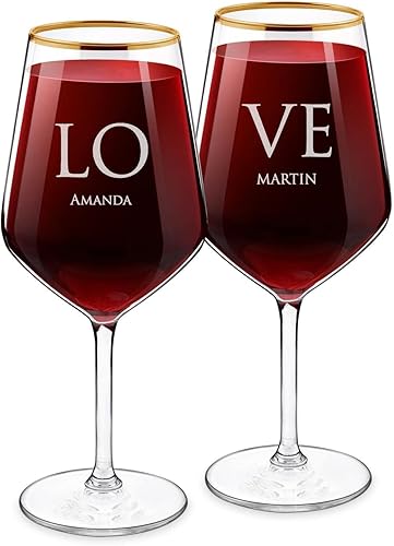 Maverton Juego de 2 copas de vino personalizadas con borde dorado, par de copas para boda, para conocedores del vino, perfectas para parejas, copas
