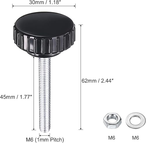 Miniatura 127 de uxcell Juego de 4 perillas moleteadas, tornillos de pulgar con tuercas y arandelas, rosca macho métrica M6 x 1.378 in, cabeza de plástico de 0.984