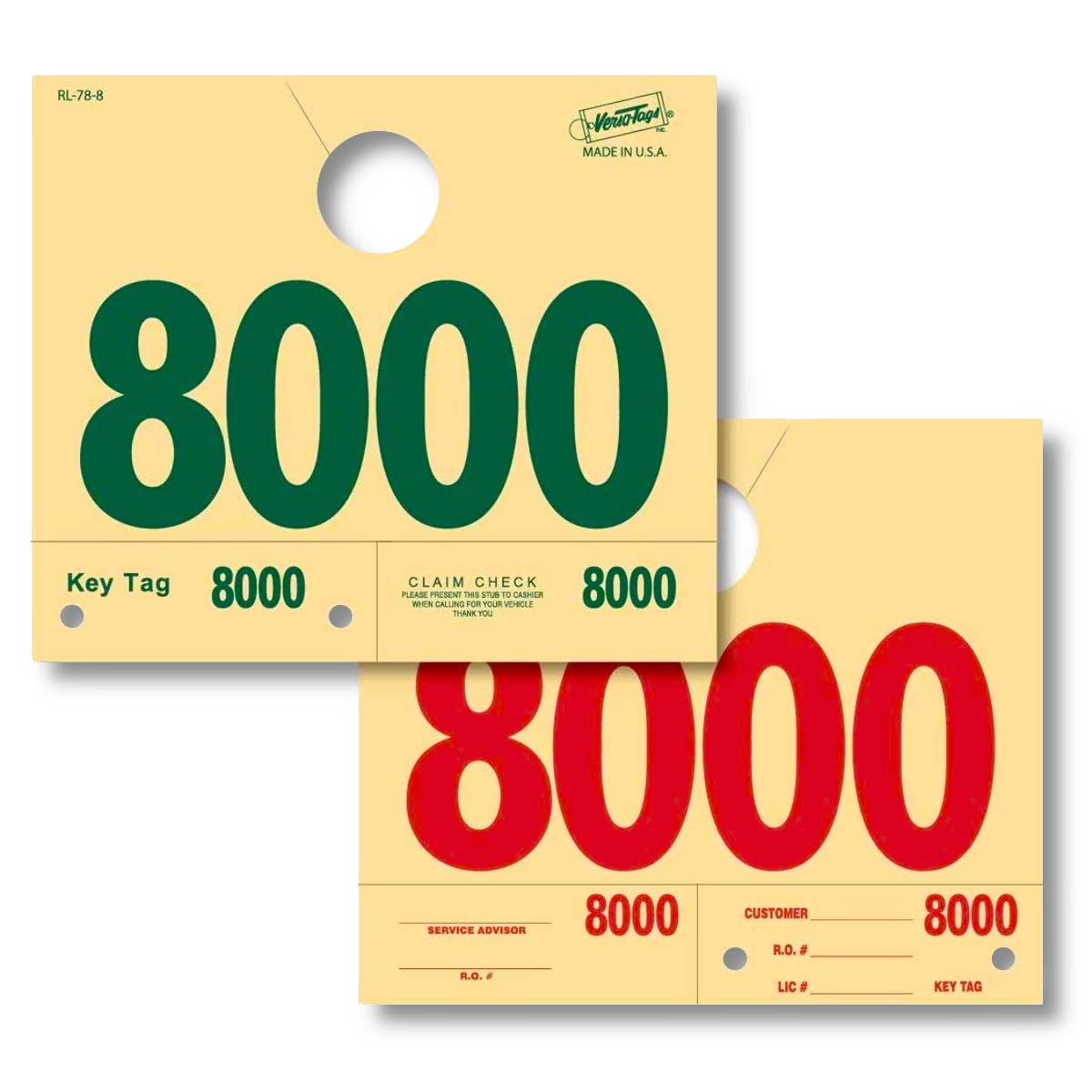 Versa-Tags Service Dispatch Numbers - Numbered 8000-8999 - Manilla/Green/Red - RL78 Mirror Hang Tags (Box of 1000)