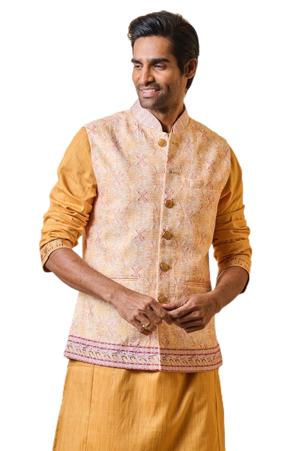 tasva Yellow and Red Printed Bundi For Men-picture-31
