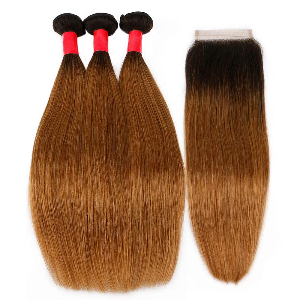 Cheveux Vierges SS Ombre 7 A + + de qualité 30,5–66 cm tissage droit et sans partie dentelle fermeture frontal (Lot de 4, # 1B- # 4- # 30)