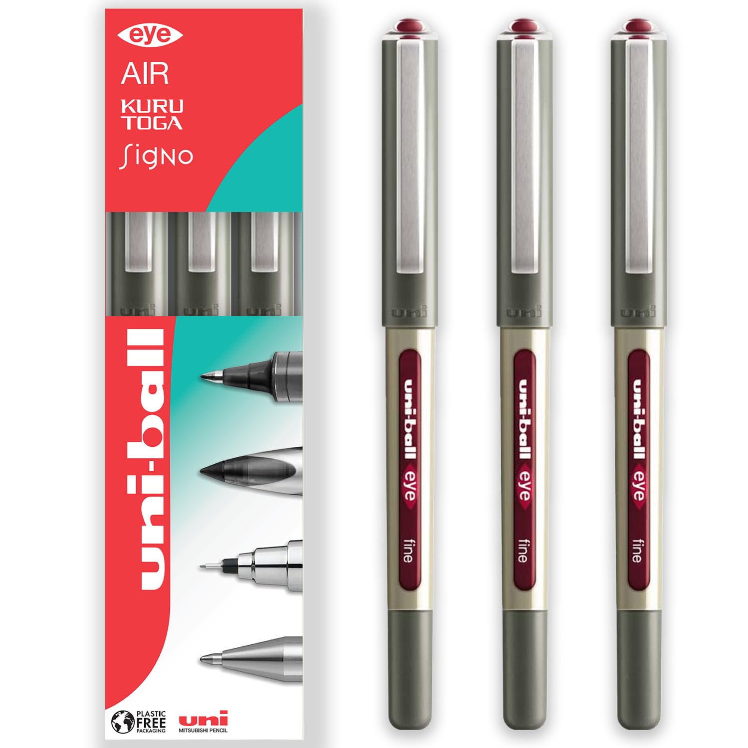 uni-ball EYE - UB-157E Rollerball Pens - 0.7mm Nib - In Envelope Gift Packaging (Pack of 3, Wine Red)